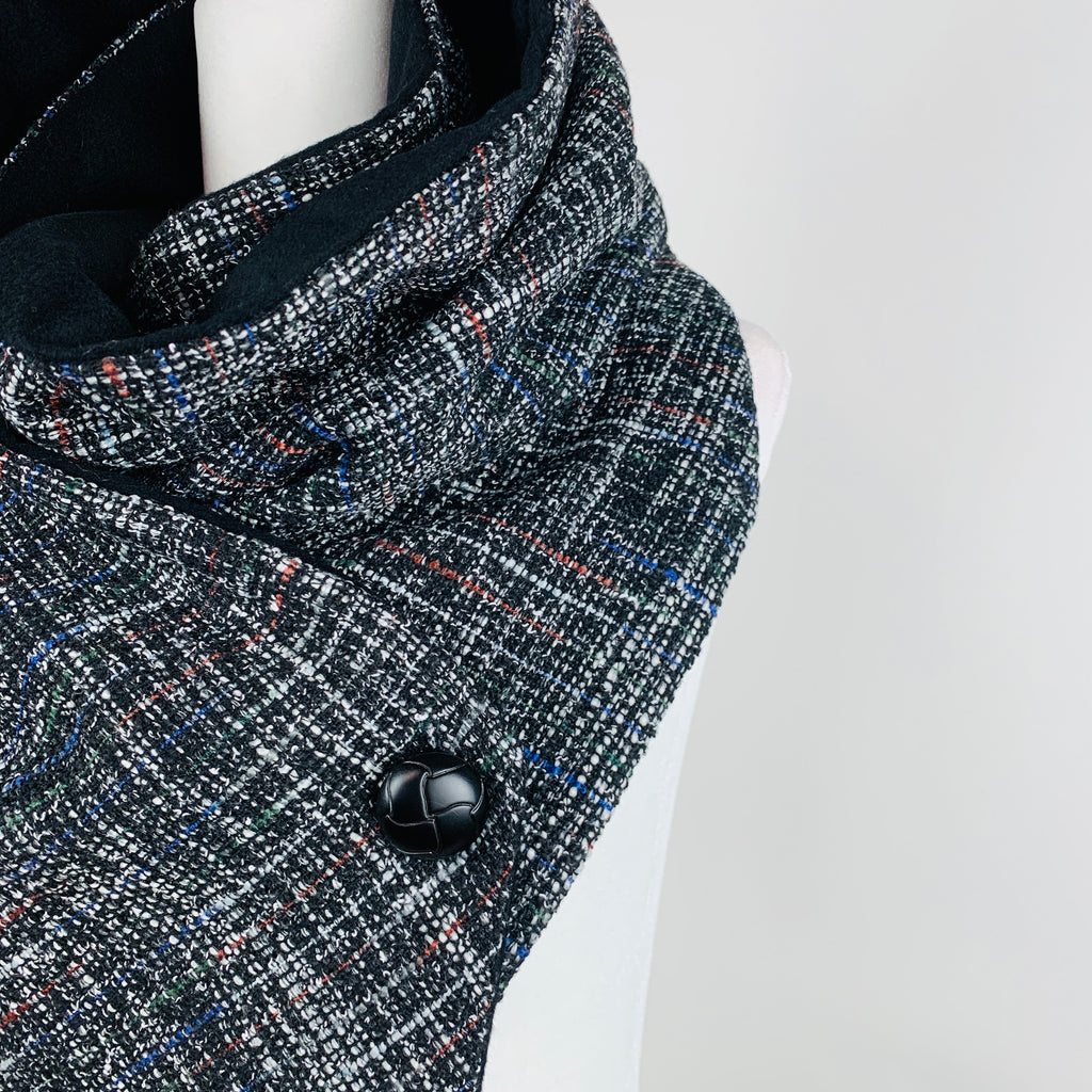Wanda | Long One Button Scarf | Black Multicolor Tweed Silk Wool