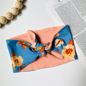 Lux Reversible Printed Headband, Adjustable Tie, Blue Peach Floral